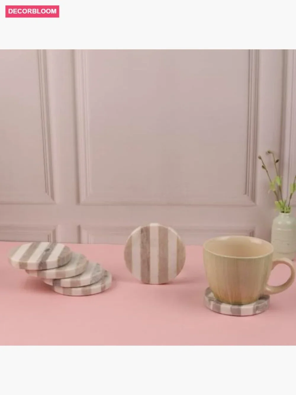 Set of 6 Handcrafted Marble Round Coasters with Striped Inlay